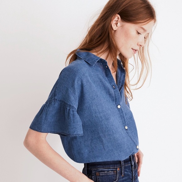 Madewell Central Ruffle-Sleeve Shirt in Indigo - Picture 2 of 7